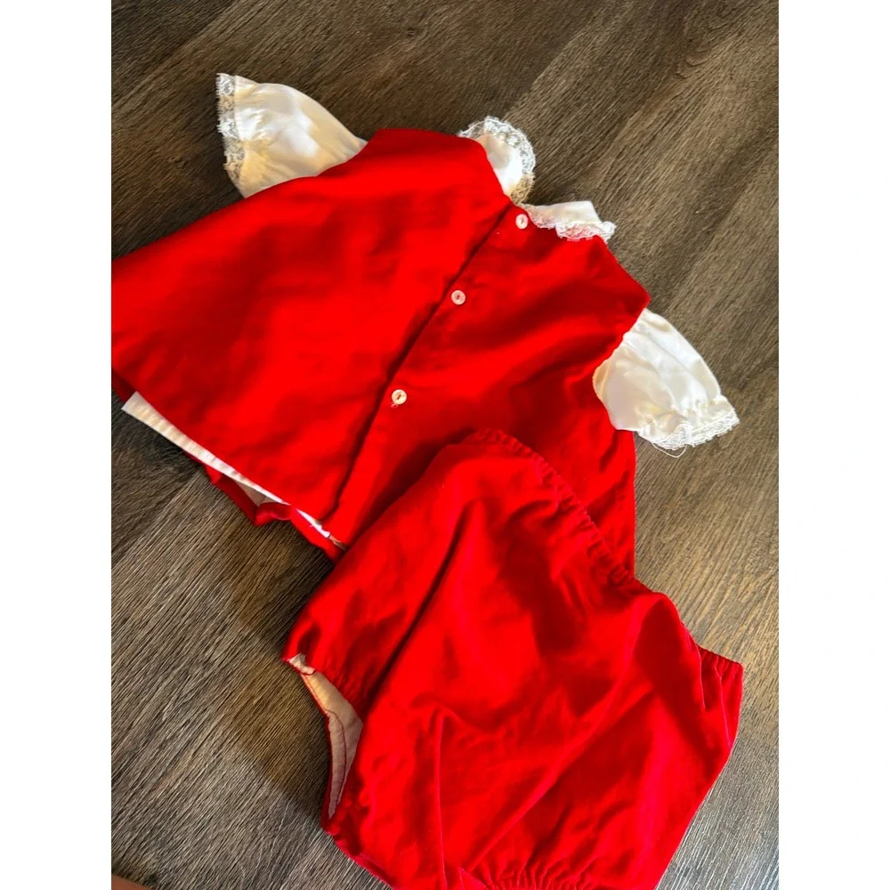 Vintage Cherubs Red Velvet Holiday Set Lace Trim Blouse Bloomers Christmas XL